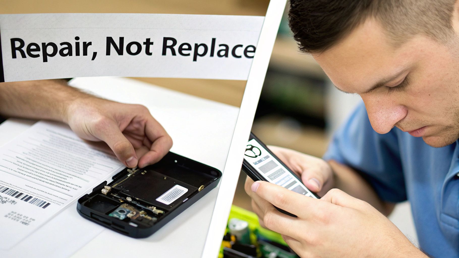 Two technicians repairing smartphones with a 'Repair, Not Replace' sign, emphasizing device sustainability.