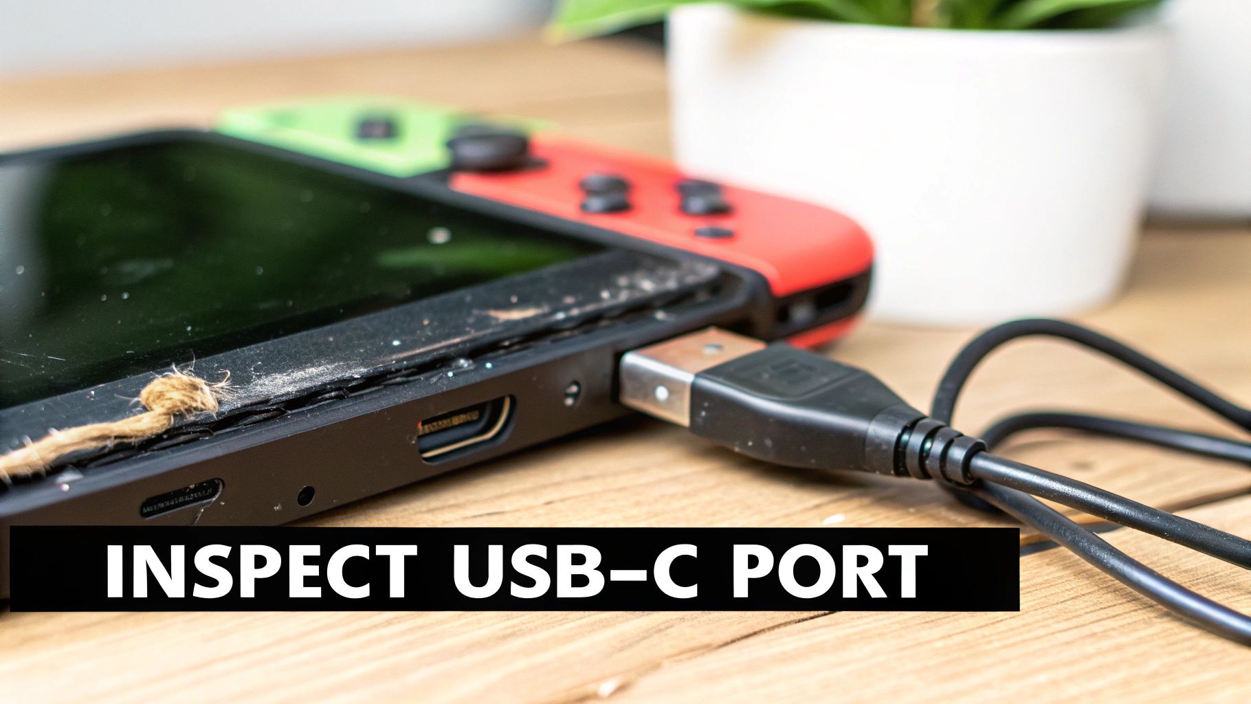 Close-up of Nintendo Switch USB-C charging port with cable connected showing dust and debris