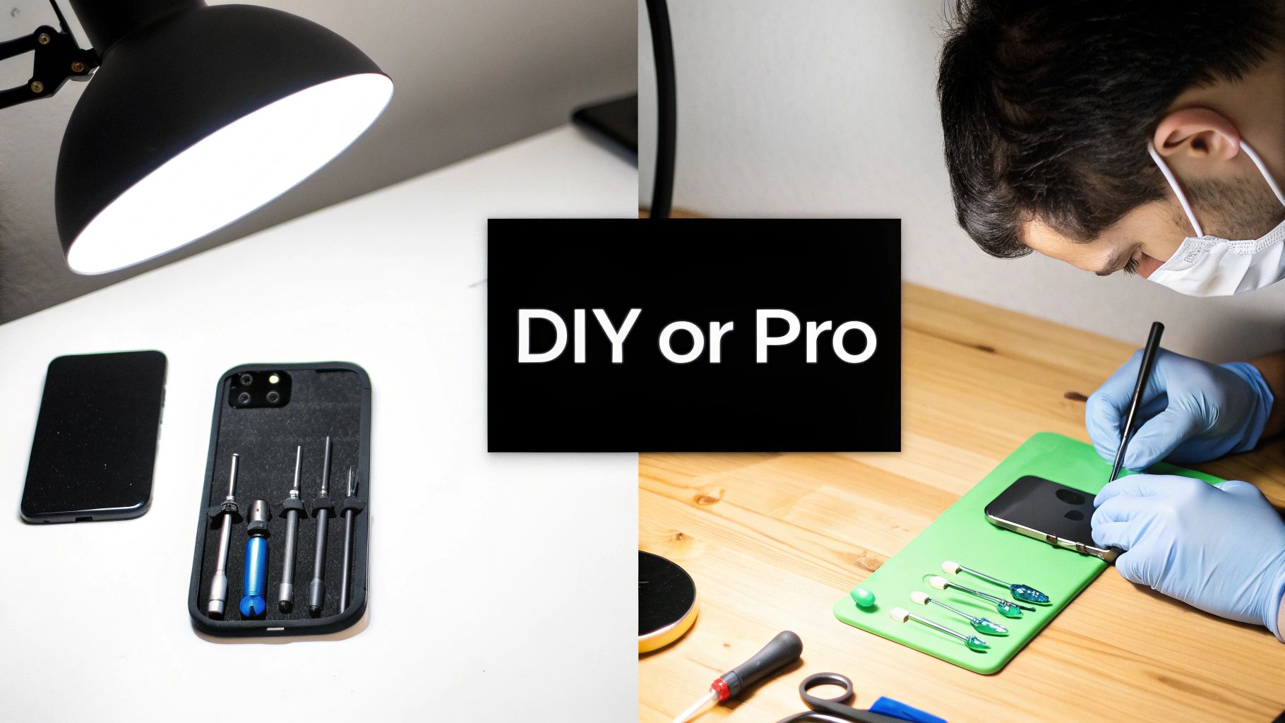 Split image showing DIY phone repair tools on the left and a professional technician fixing a phone on the right.