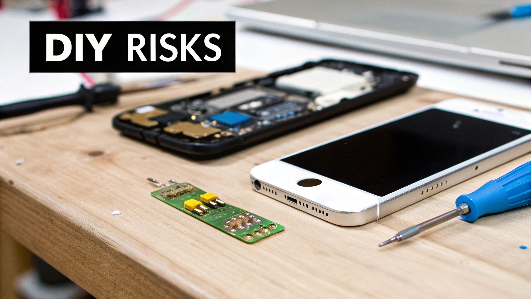 DIY smartphone repair setup with disassembled phones, circuit board, and tools on a wooden table, warning of DIY risks.
