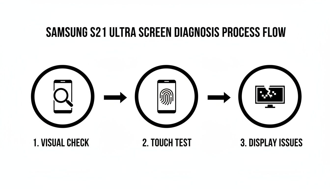 A diagram illustrating the Samsung S21 Ultra screen diagnosis process flow: visual check, touch test, and display issues.