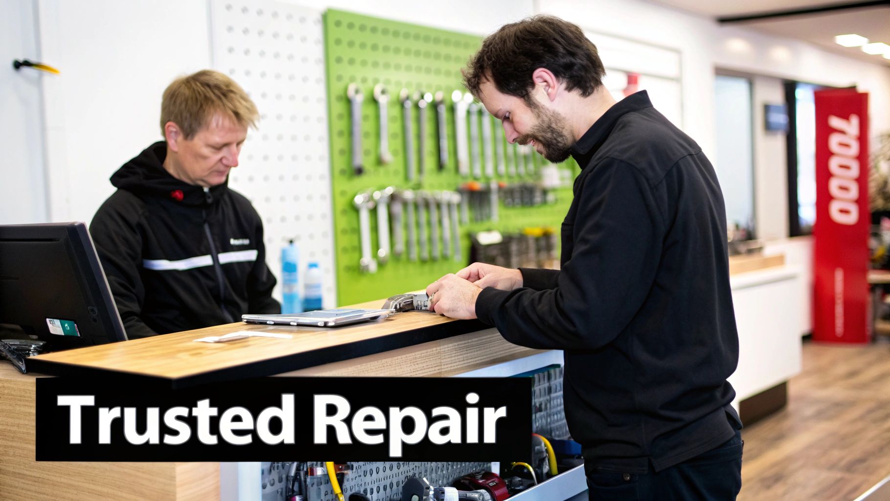 A technician expertly repairs an electronic device at a service counter, another works on a computer.