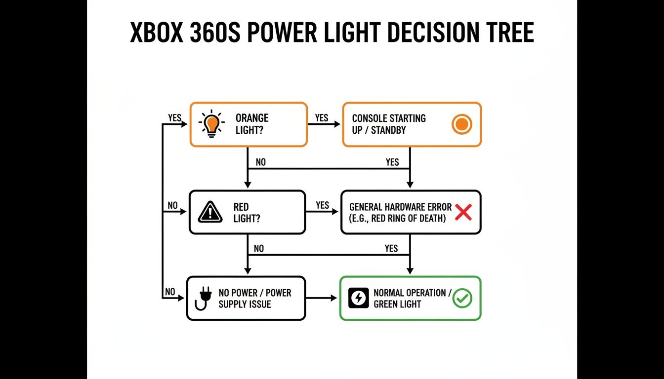 Xbox 360S power light troubleshooting decision tree: orange for standby, red for hardware error, no light for power issues, aiming for green.