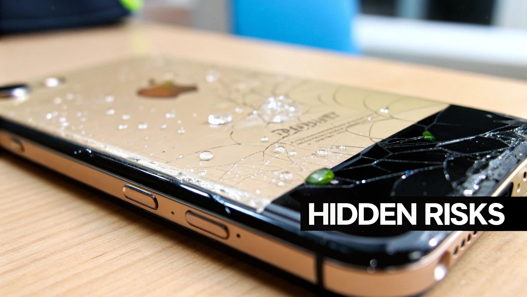 Close-up of a severely cracked and water-damaged gold iPhone, highlighting hidden risks.