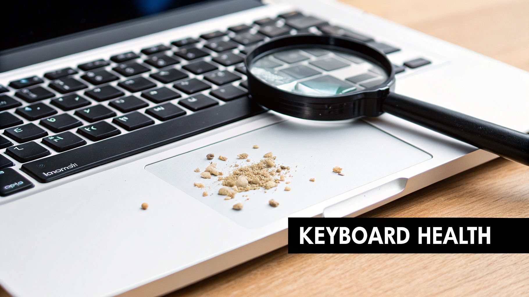 A magnifying glass lies on a laptop trackpad, highlighting crumbs and dirt near the keyboard.