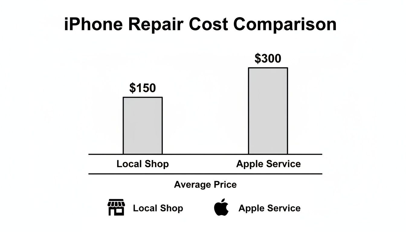Bar chart showing iPhone repair costs: Local shop ($150) compared to Apple service ($300).