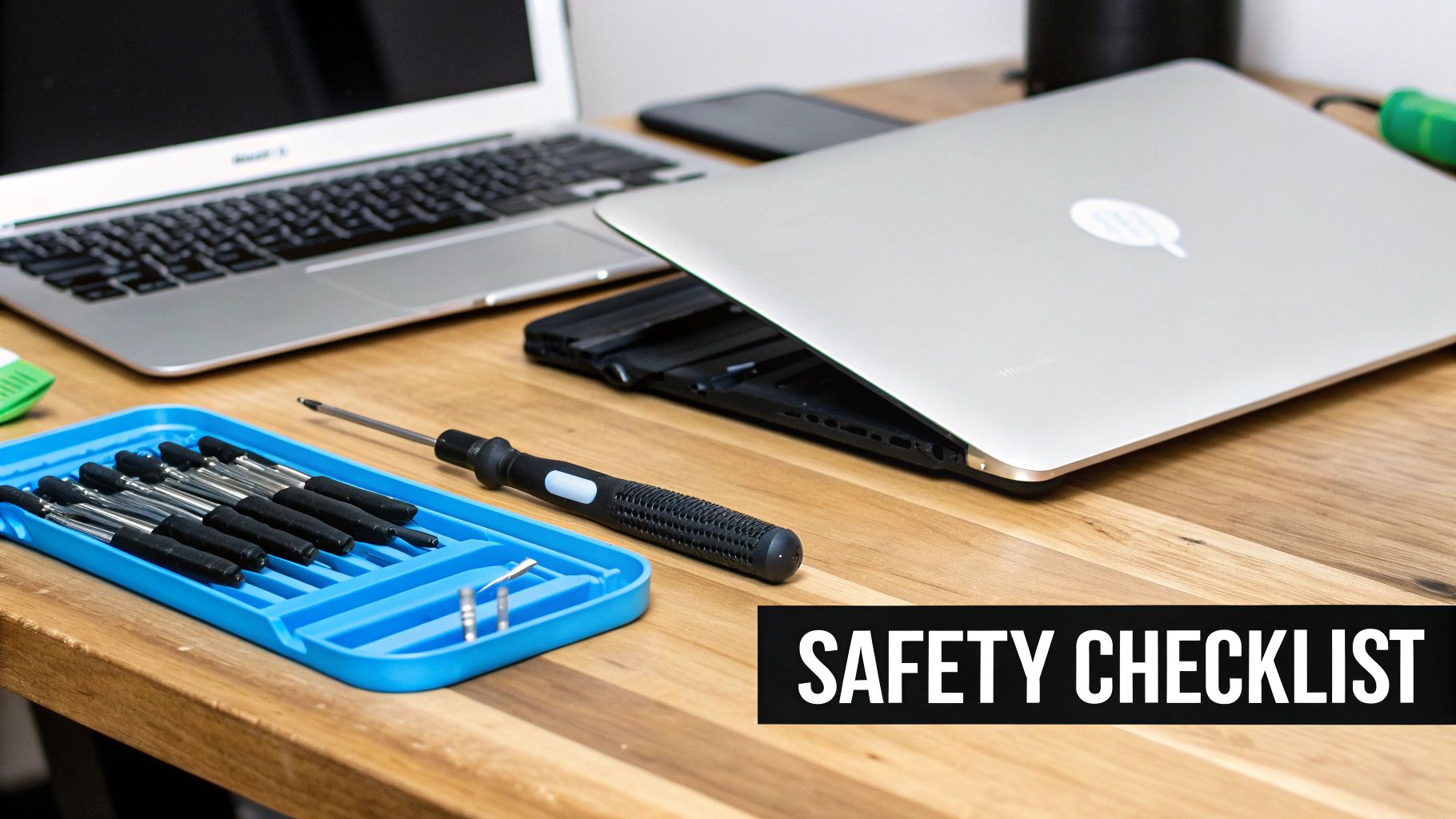 A close-up of a desk with tools, two laptops, and a 'Safety Checklist' banner.