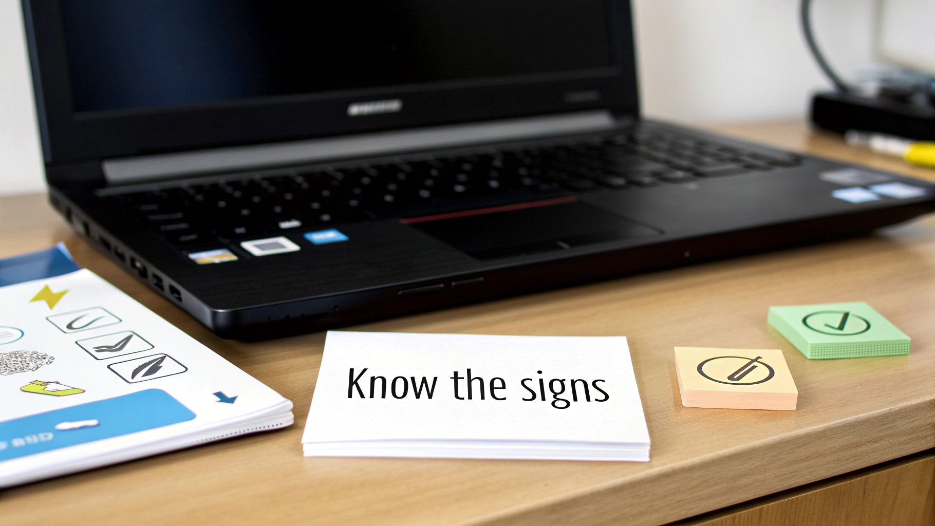 A black Lenovo laptop, 'Know the signs' cards, and symbolic sticky notes on a wooden desk.