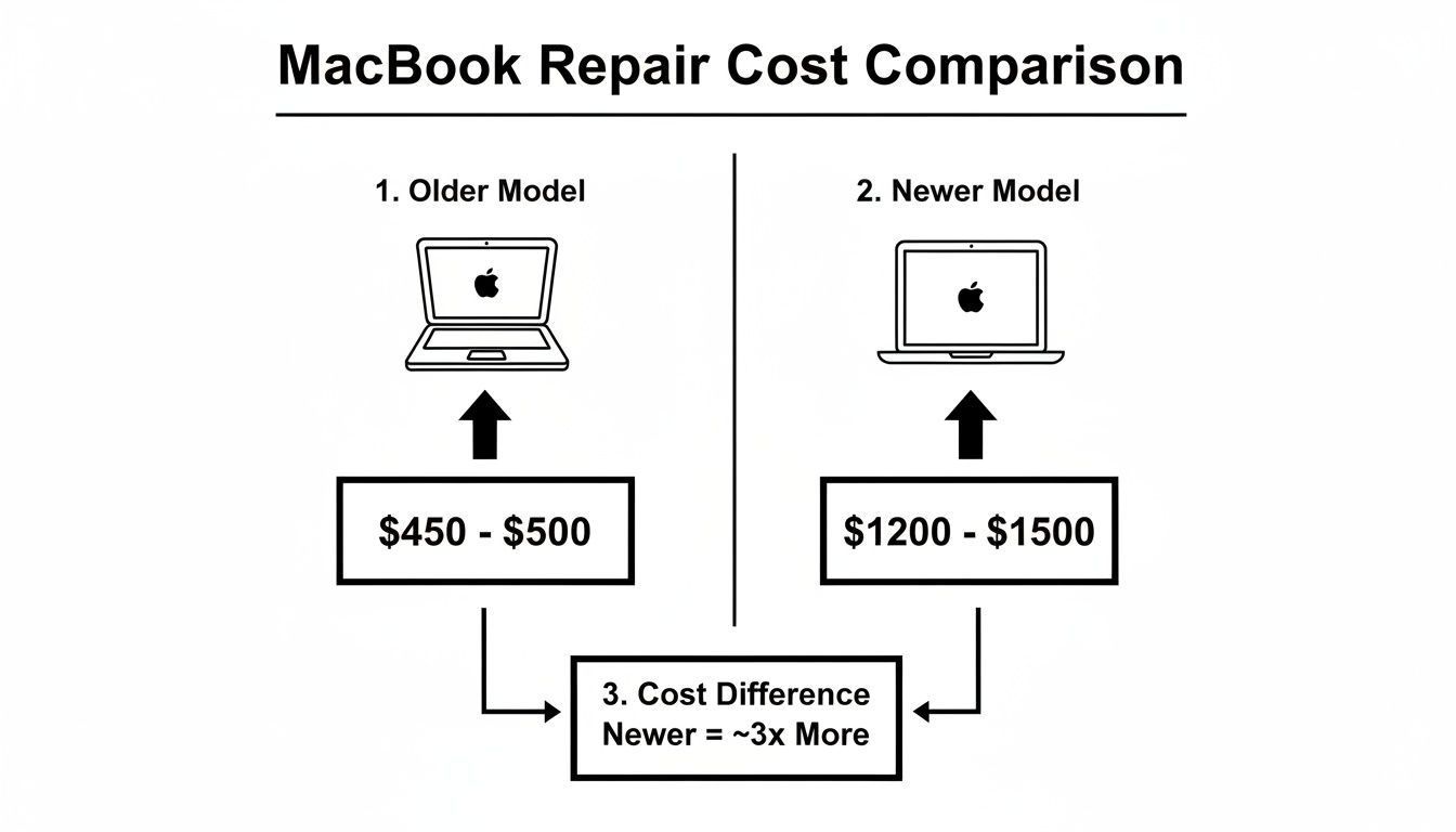 A diagram comparing MacBook repair costs, showing older models are significantly cheaper than newer models.