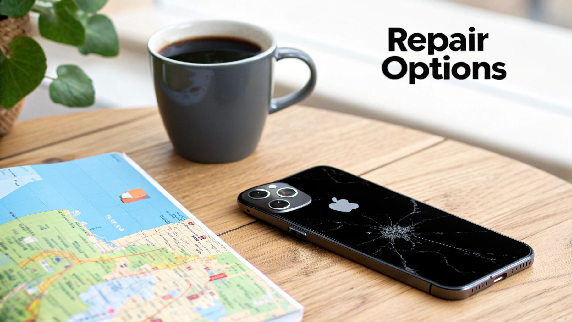 A cracked black iPhone lies on a wooden table next to a map and a coffee mug, with 'Repair Options' text.