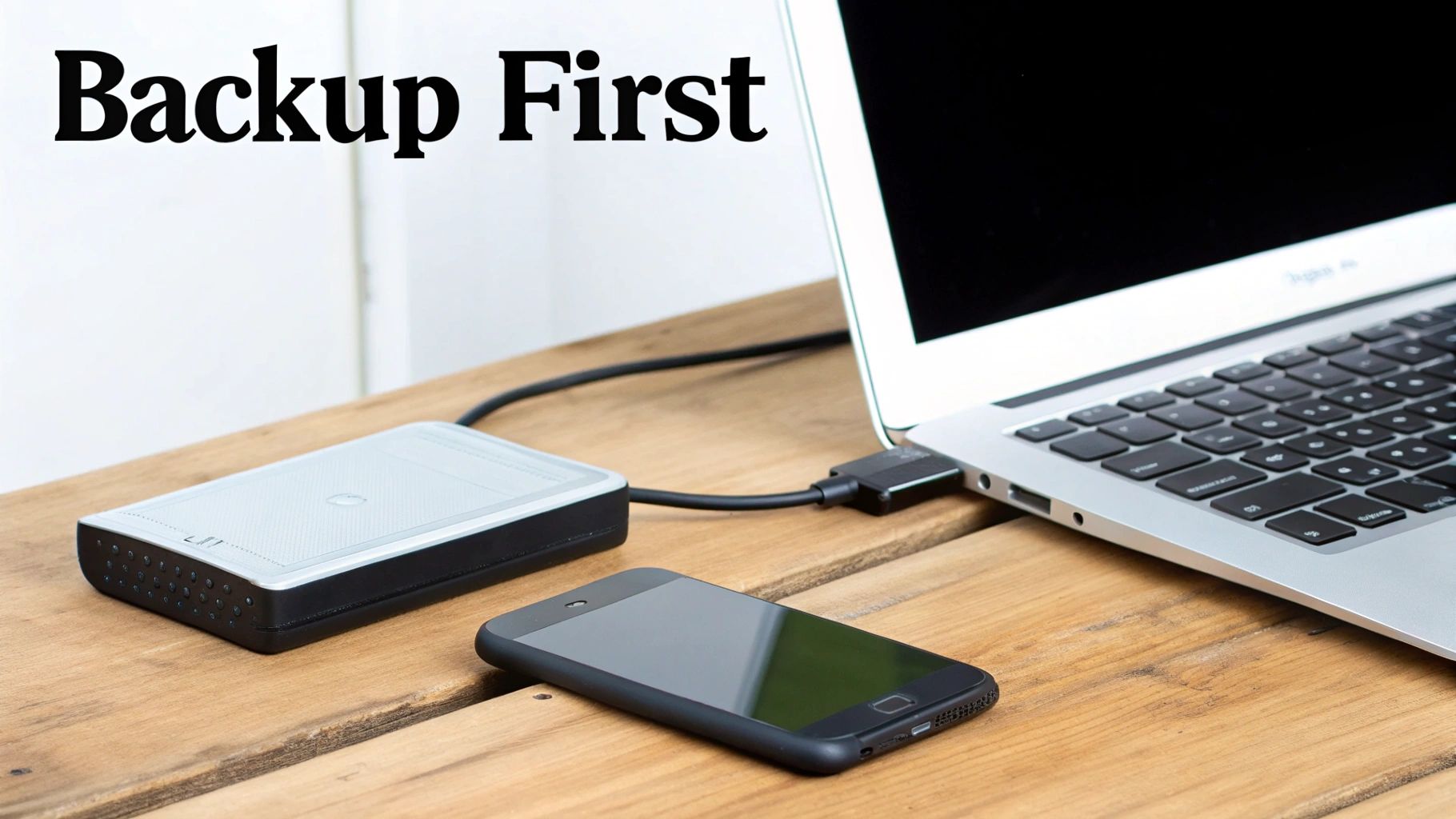 A MacBook laptop connected to an external hard drive for data backup, with a smartphone on a wooden desk.