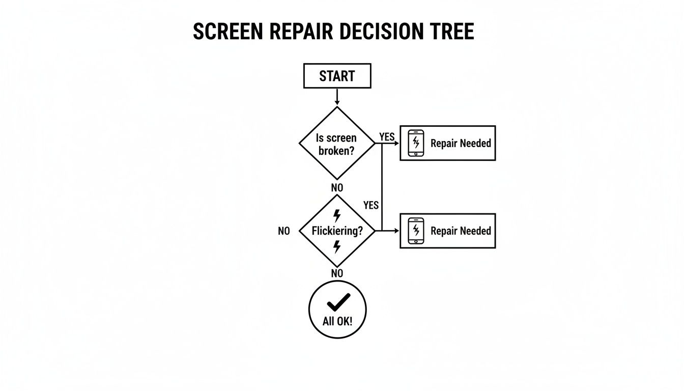 A flowchart detailing a screen repair decision tree: if the screen is broken or flickering, repair is needed; otherwise, it's all OK.