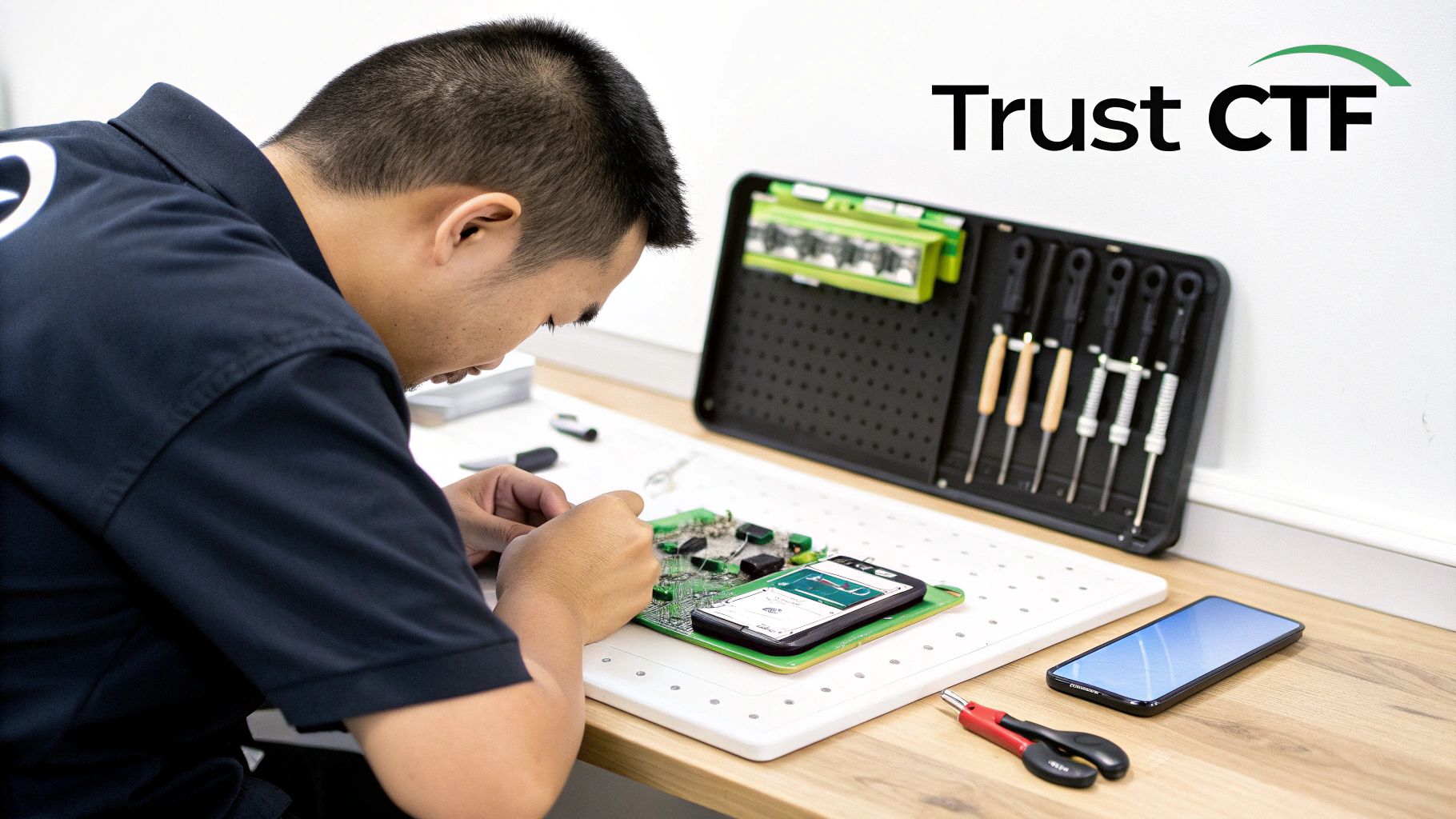 A technician meticulously repairs a smartphone and circuit board on a workbench, surrounded by specialized tools.