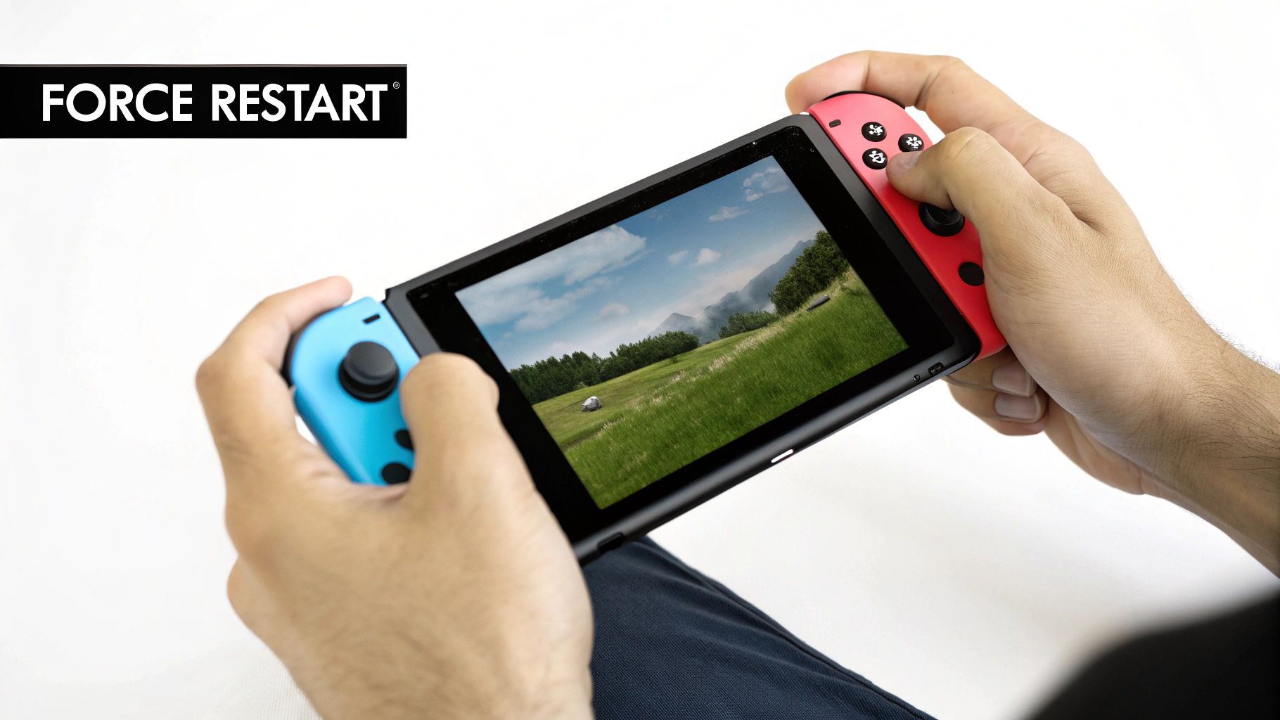 Person holding Nintendo Switch with blue and red Joy-Con controllers displaying gameplay on screen