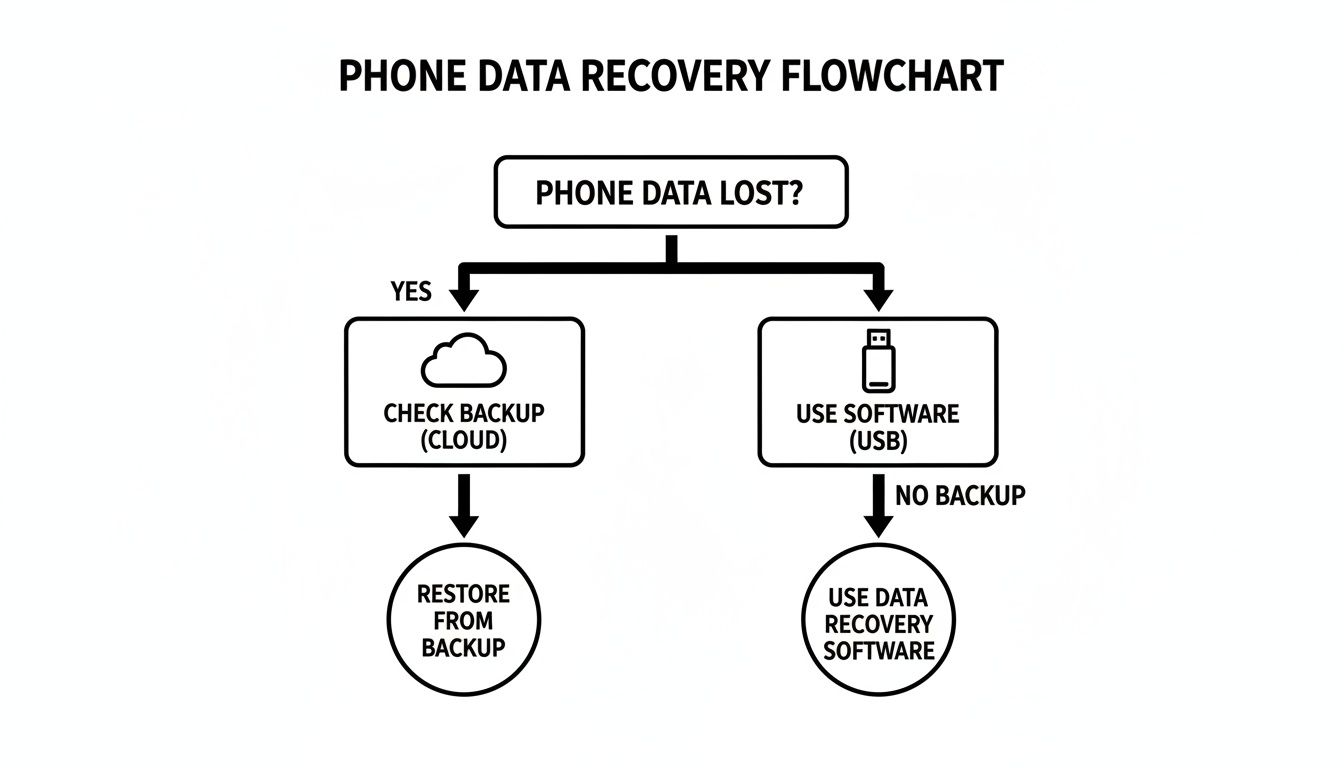 A flowchart detailing steps for mobile phone data recovery, including checking cloud backups or using recovery software.