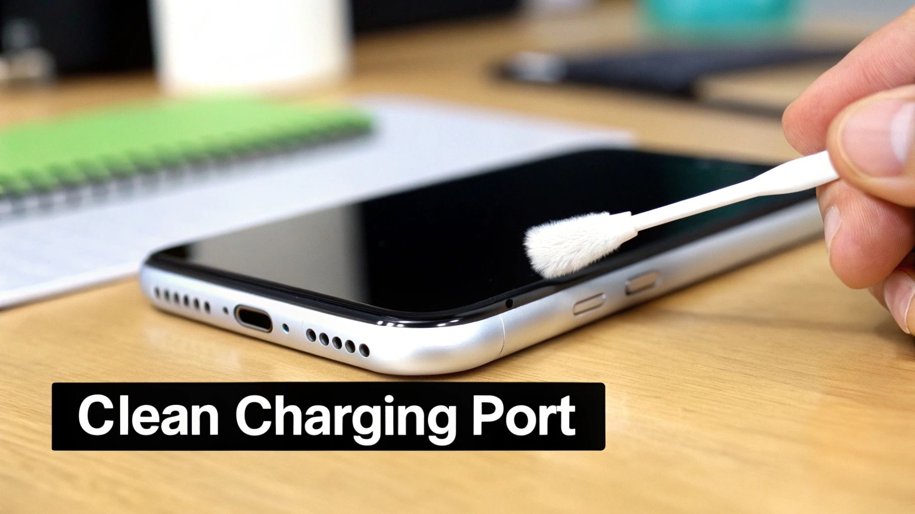 A hand using a small white brush to clean the charging port of a silver iPhone on a wooden desk.