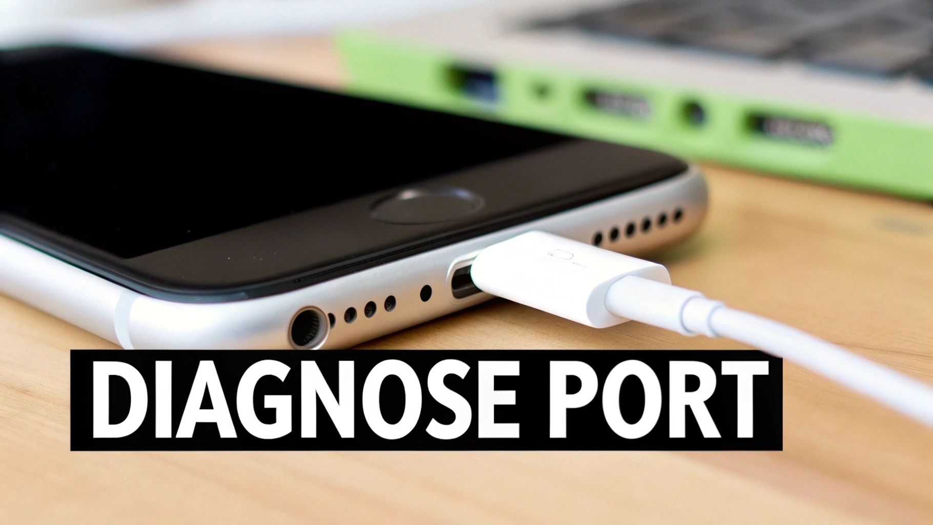 A close-up of a silver iPhone with a white charging cable plugged into its diagnose port.