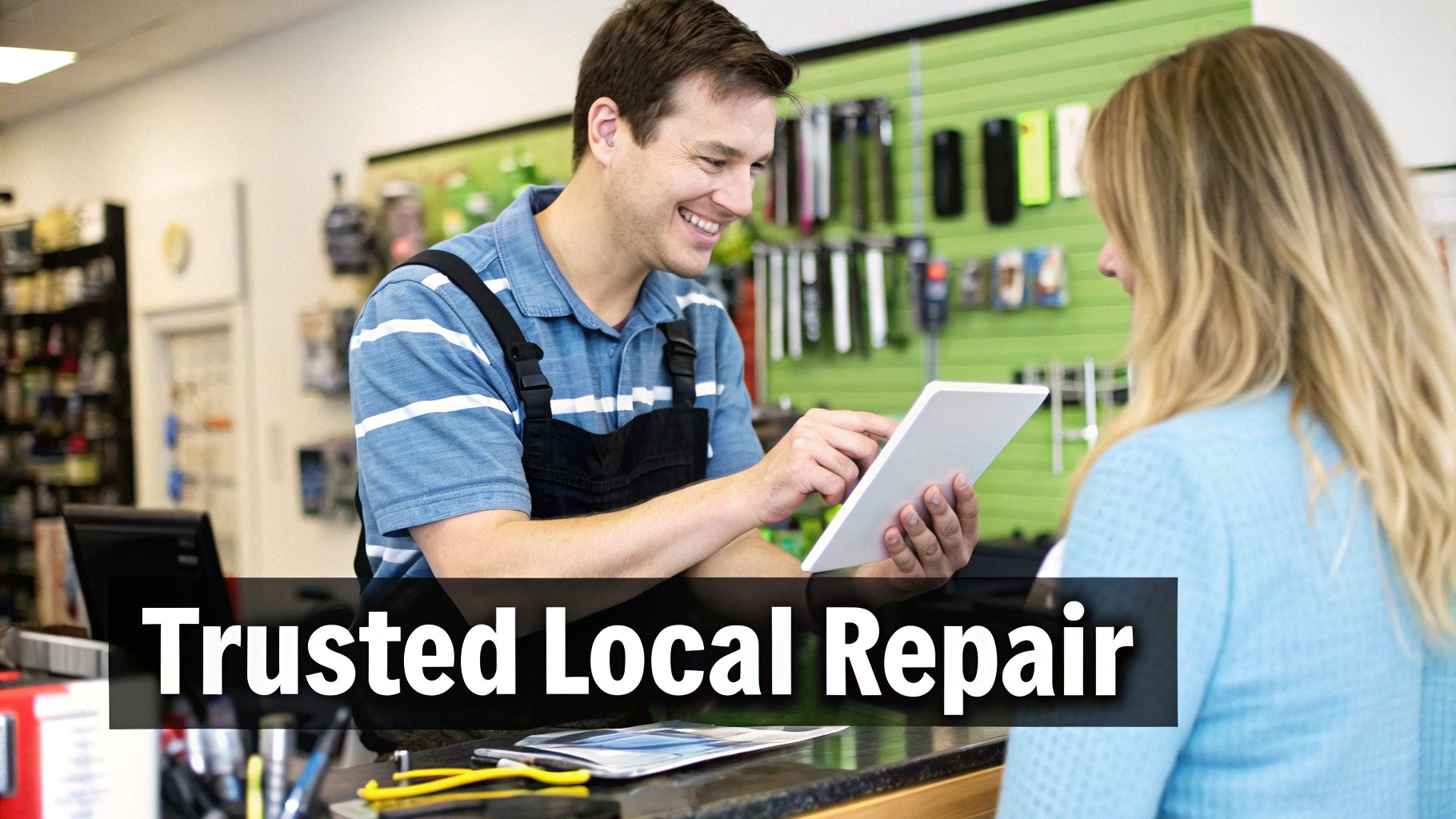 A smiling male technician in a repair shop shows a tablet to a female customer, discussing a service.