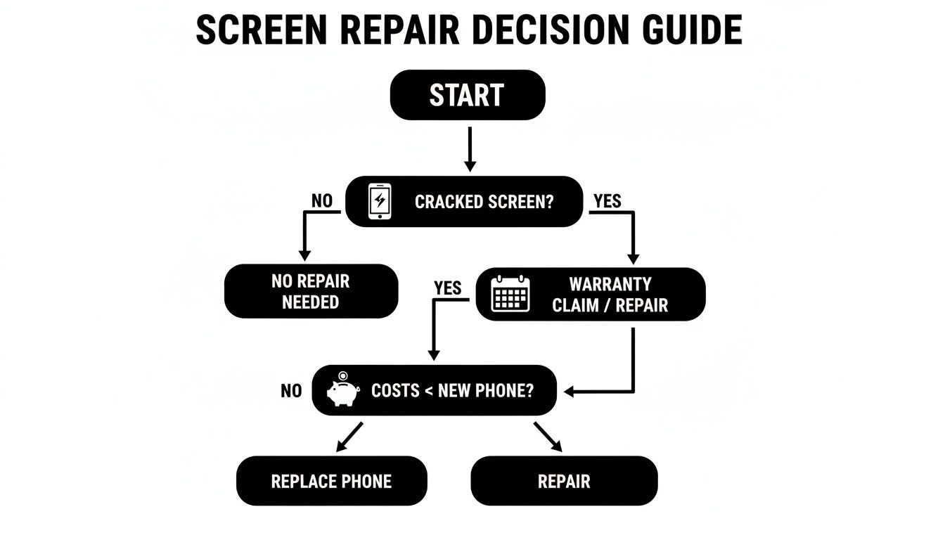 Flowchart outlining a decision guide for smartphone screen repair based on damage, warranty, and cost.