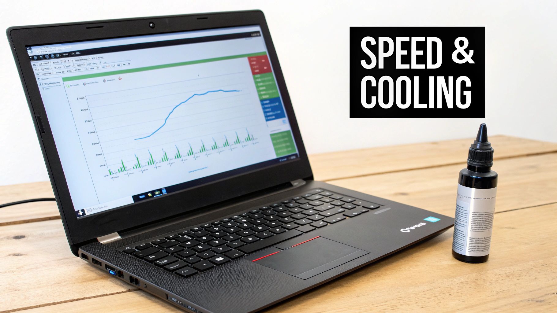Black laptop displaying a graph, a bottle of thermal paste, and 'SPEED & COOLING' text.