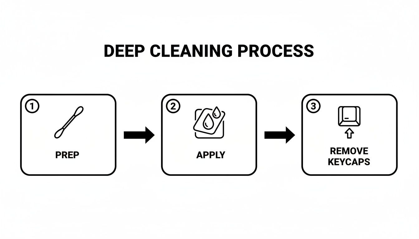 Three-step diagram illustrating a deep cleaning process: prep with a cotton swab, apply liquid, and remove keycaps.