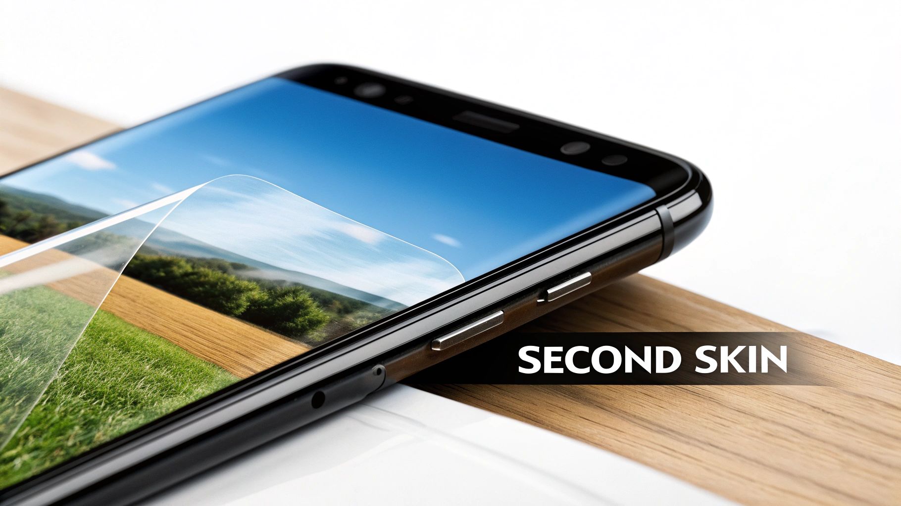 A black smartphone with a clear screen protector peeling off, showcasing a vibrant landscape image and text 'SECOND SKIN'.