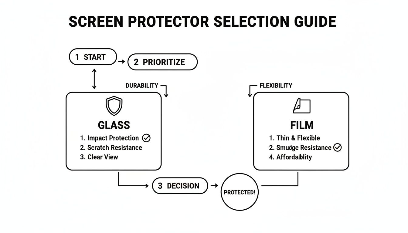 A screen protector selection guide flowchart comparing glass for impact and scratch protection, and film for flexibility and affordability.
