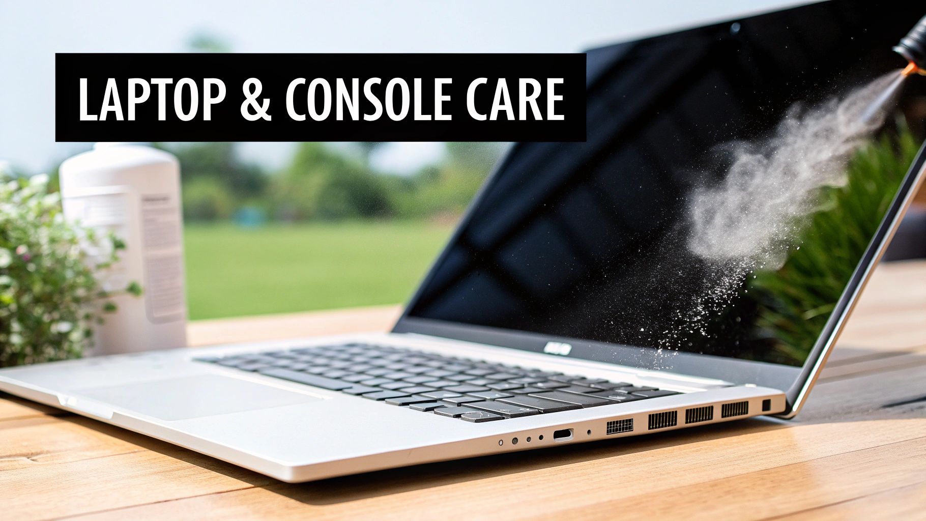 A laptop screen being sprayed with a cleaning solution, showing mist and dust particles on a wooden table outdoors.