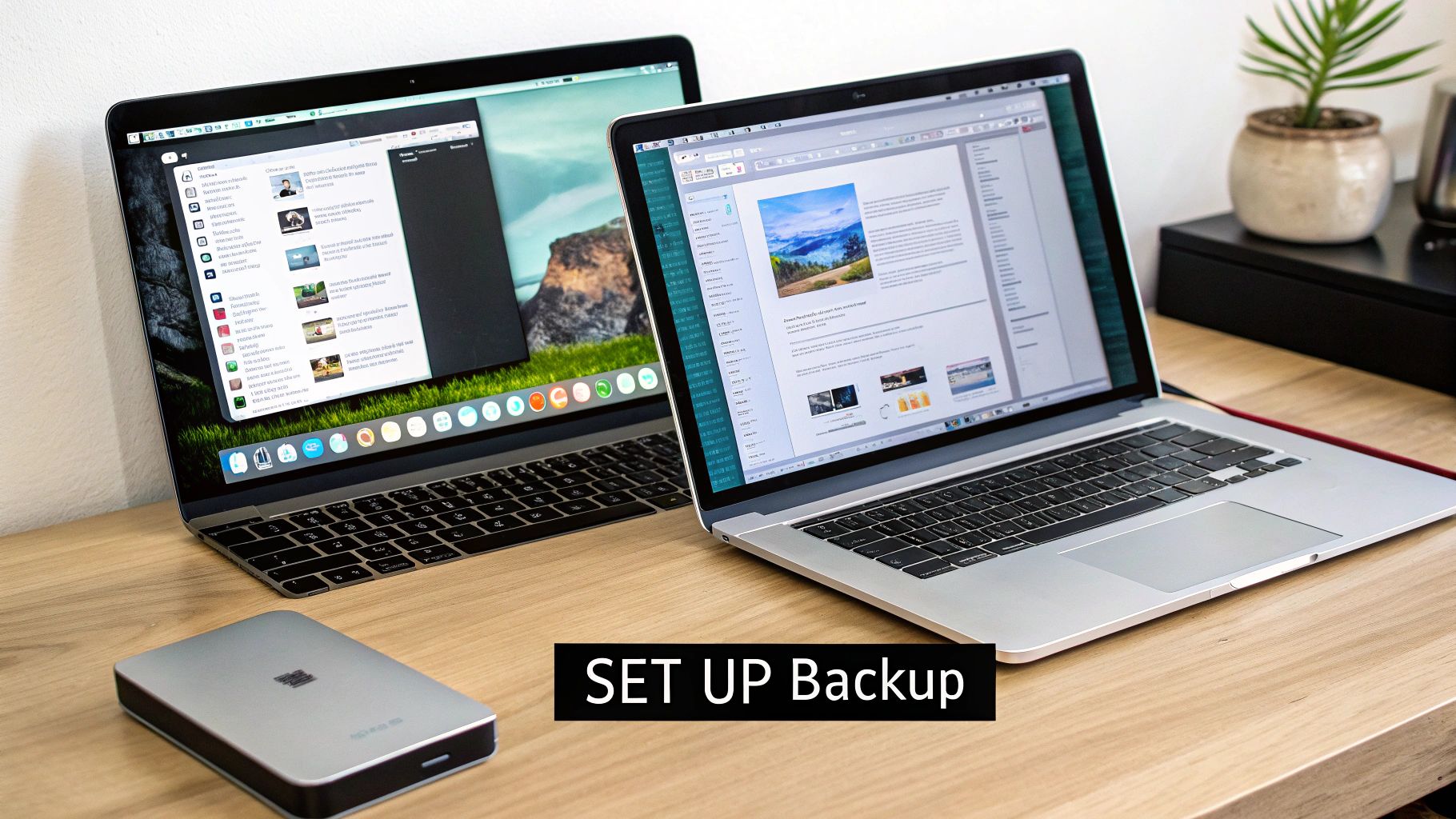 Two laptops and an external hard drive on a wooden desk, with 'SET UP Backup' text.