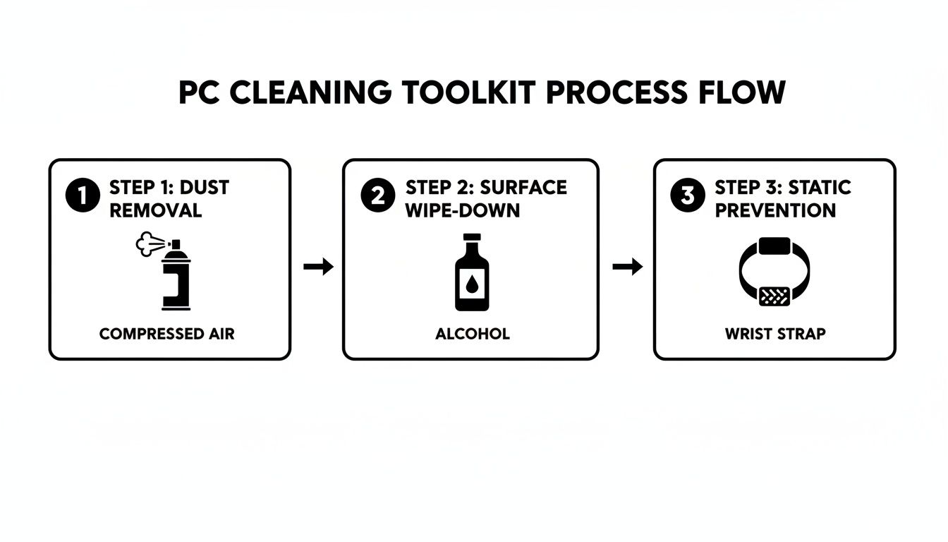 Diagram showing a three-step PC cleaning process: dust removal, surface wipe-down, and static prevention.