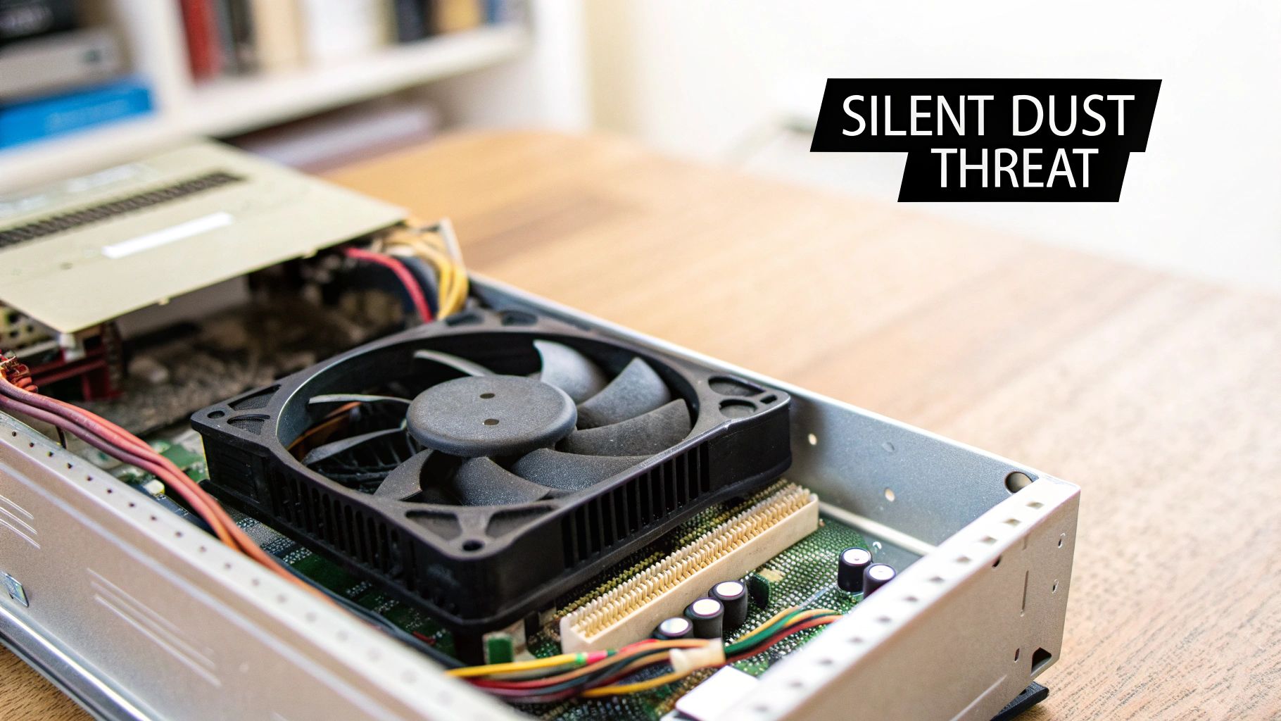Close-up of a dusty computer cooling fan inside an open PC case, highlighting the need for cleaning.