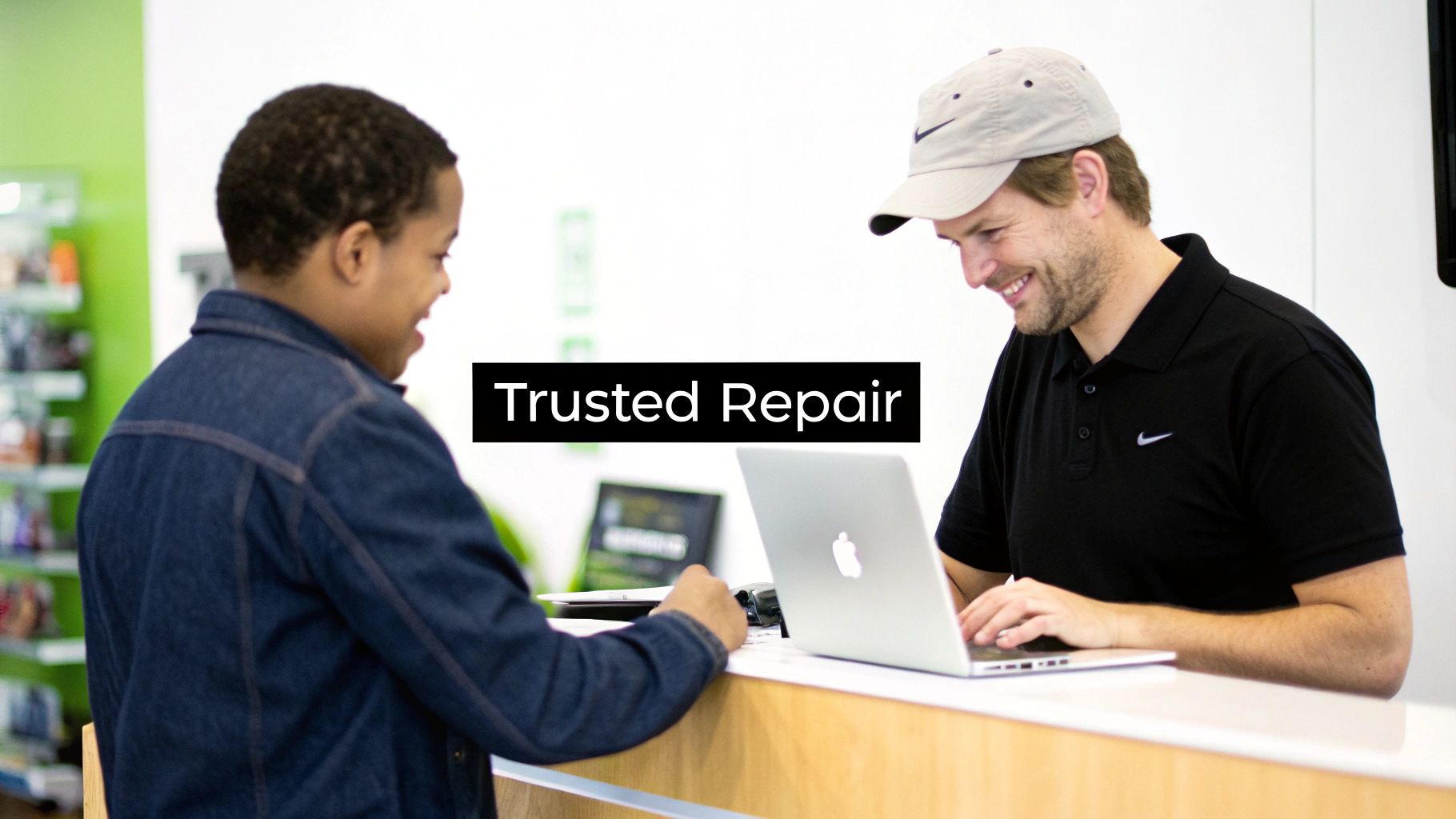 A friendly technician helps a smiling customer with a MacBook Pro at a trusted repair service counter.