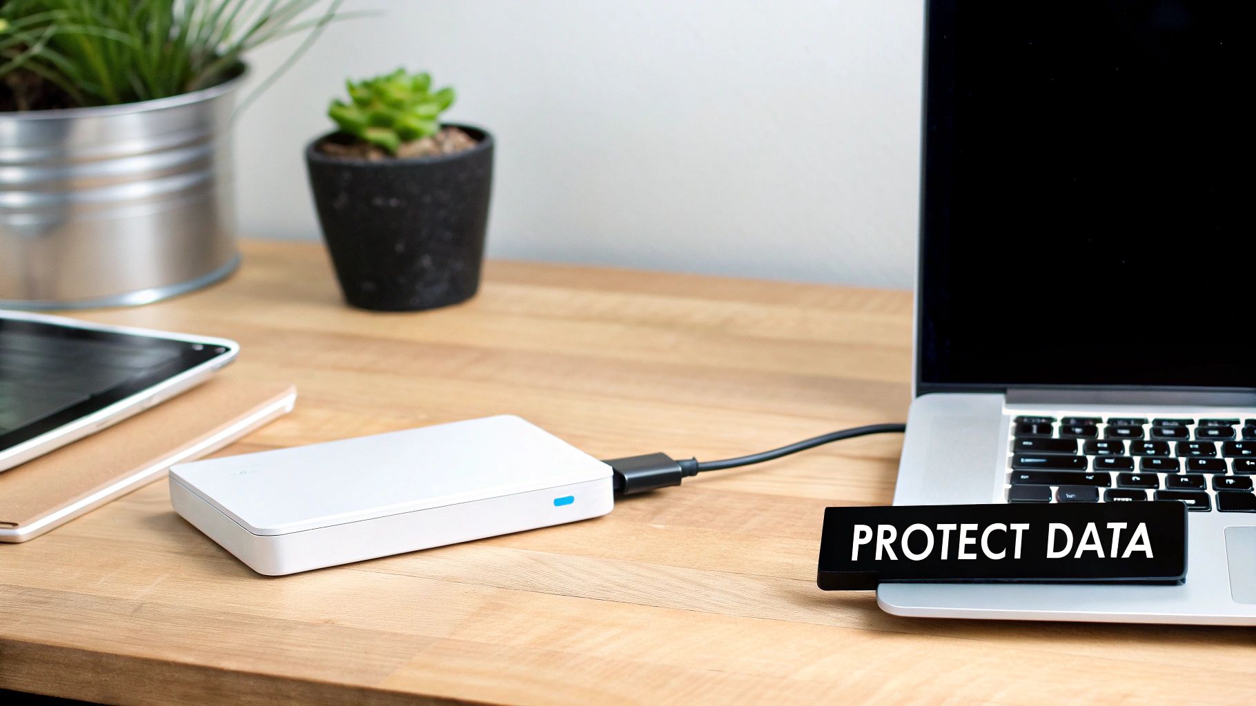 A desk setup showing a laptop, an external hard drive connected, and a sign emphasizing 'PROTECT DATA'.