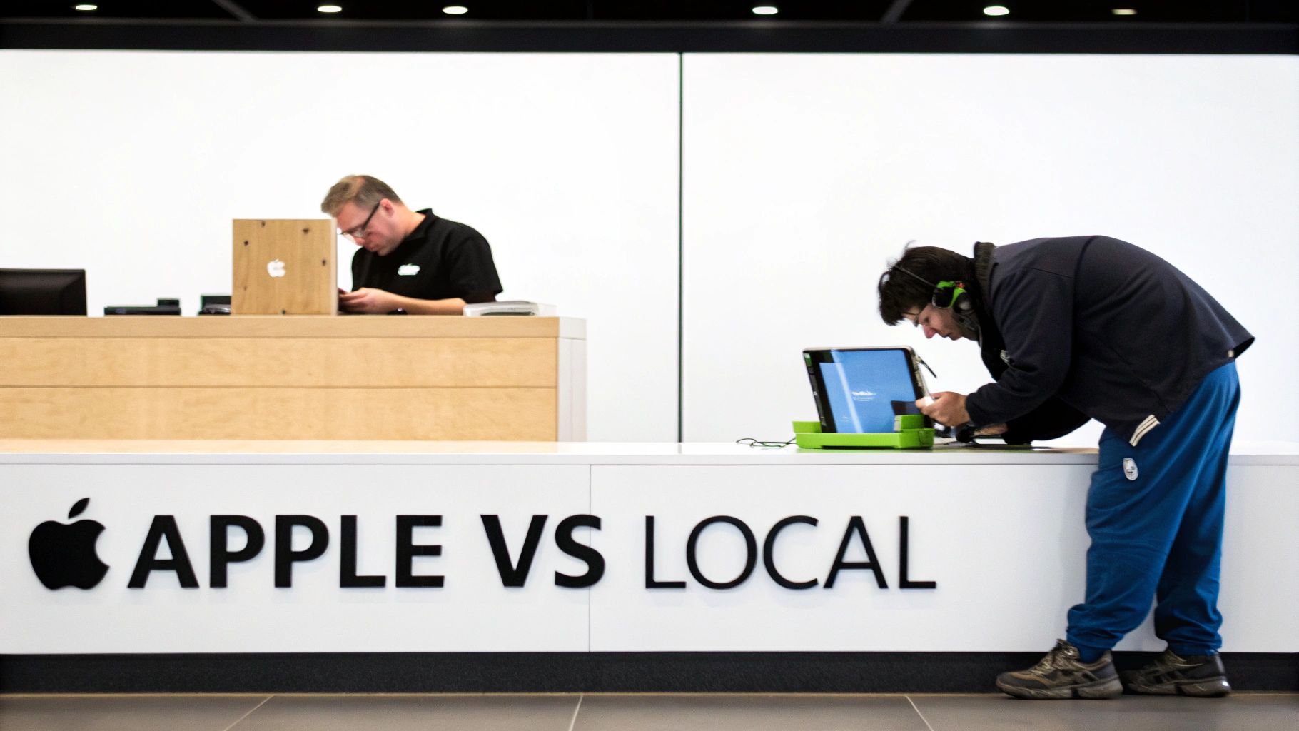 Two men at a tech repair counter, one working on a device at the 'APPLE VS LOCAL' desk.