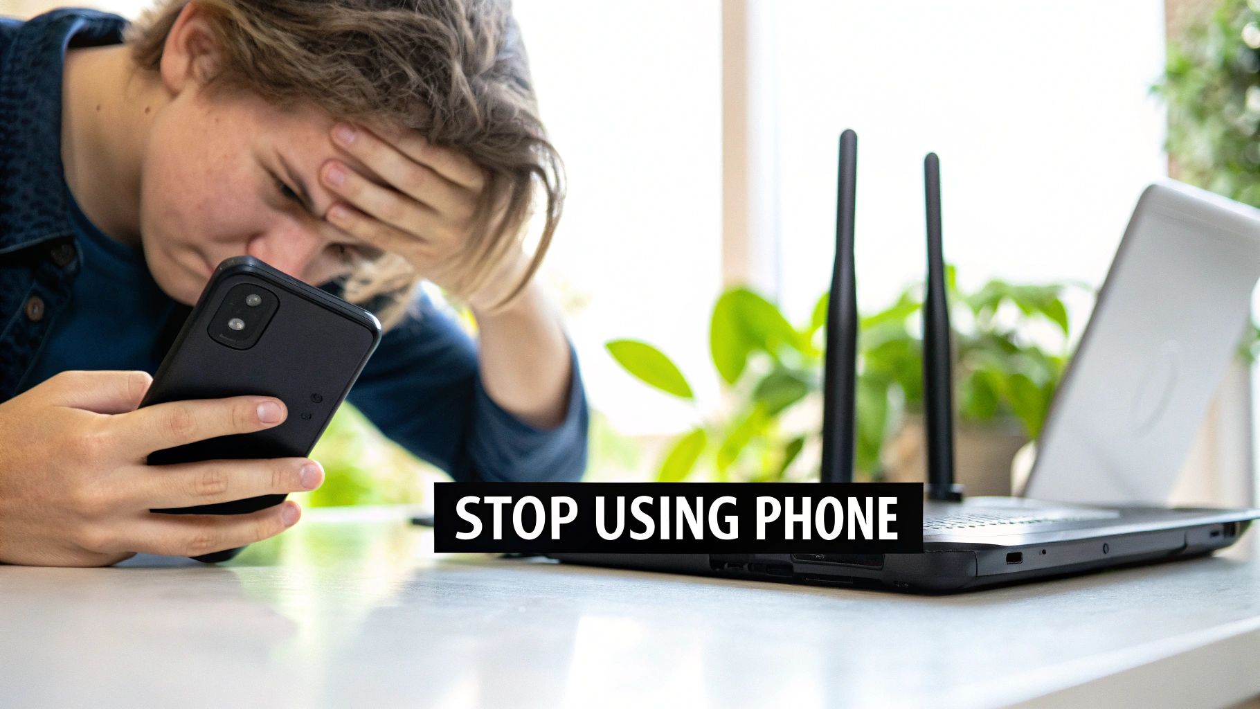 Frustrated young person looking at a smartphone, with a laptop in the background, text says 'STOP USING PHONE'.