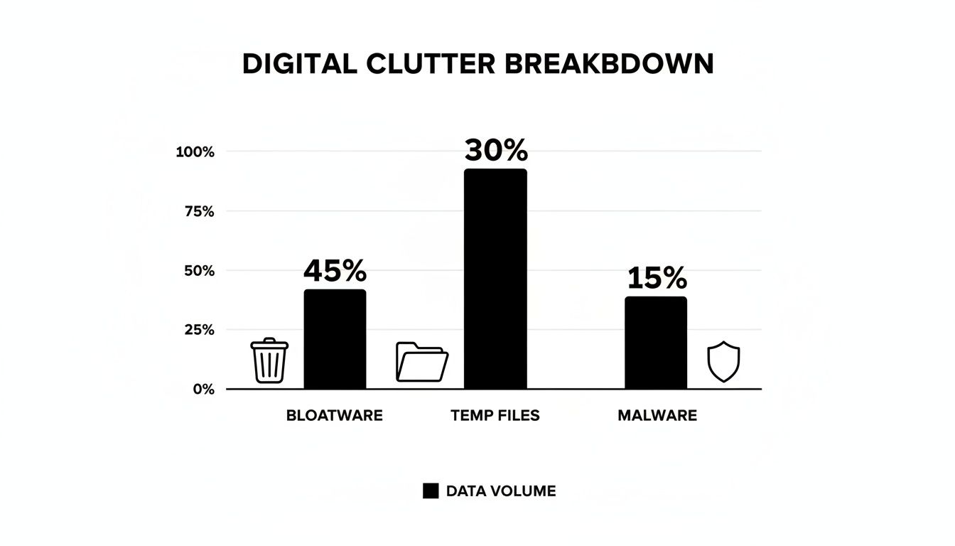 Bar chart showing digital clutter breakdown: Bloatware 45%, Temp Files 30%, Malware 15%.