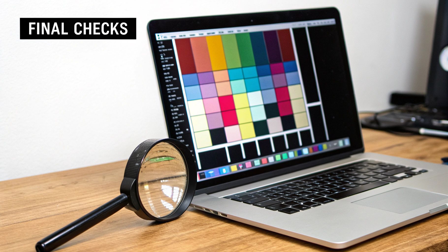 Laptop displaying color calibration grid with magnifying glass for quality control and final checks