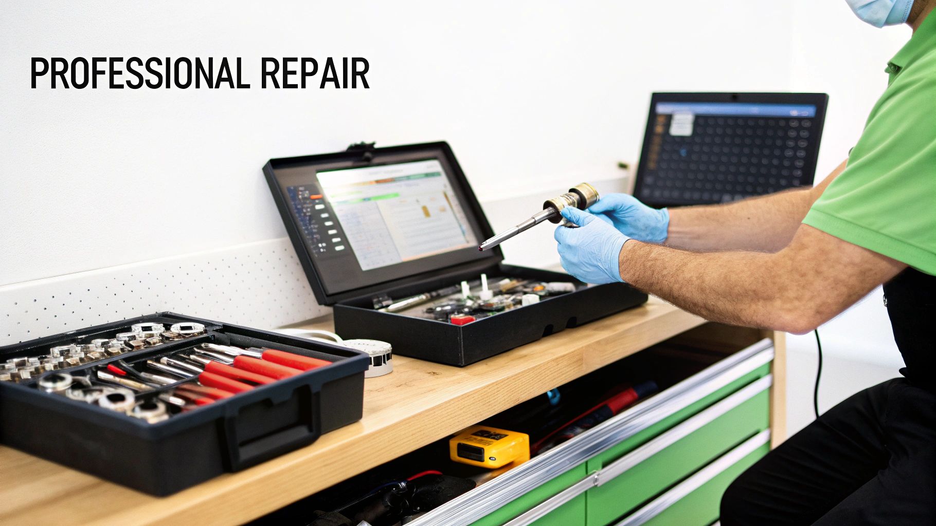 A technician in blue gloves meticulously repairs a component at a well-equipped workbench with tools and diagnostic devices.