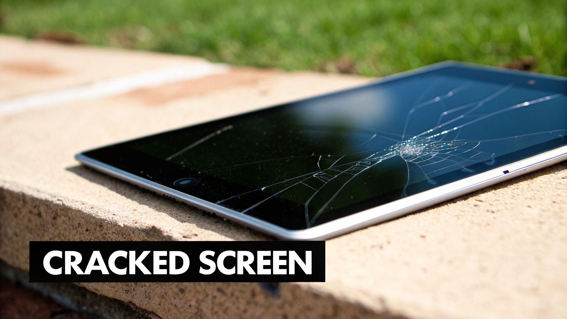 A close-up of a tablet with a cracked screen being held by a person.