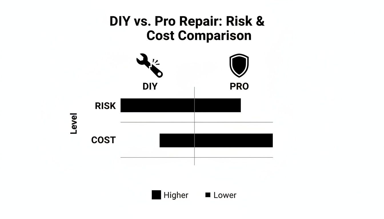 A chart comparing DIY versus professional repair, showing DIY has higher risk and lower cost, while Pro has lower risk and higher cost.