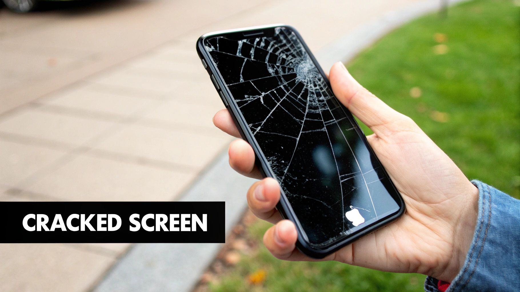 Close-up of a person's hand holding a black smartphone with a severely cracked screen outdoors.