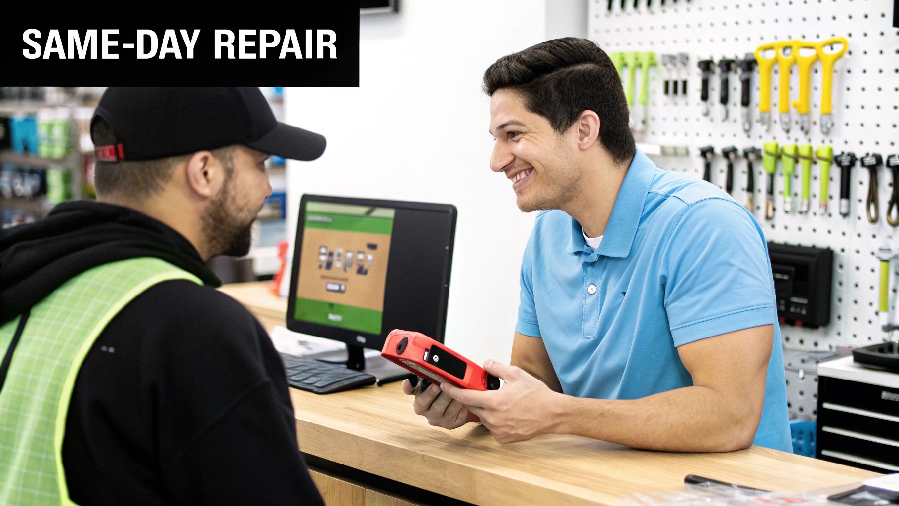Two men discuss a device at a counter in a repair shop offering same-day service.