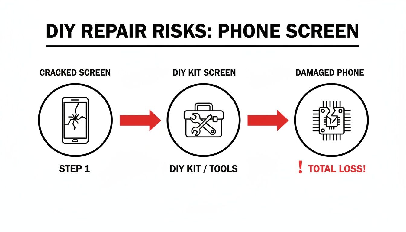Flowchart illustrating DIY phone screen repair risks, from cracked screen to total loss.