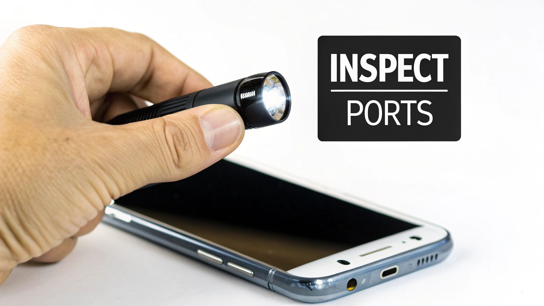 A hand holds a flashlight, shining it into the charging and audio ports of a white smartphone.