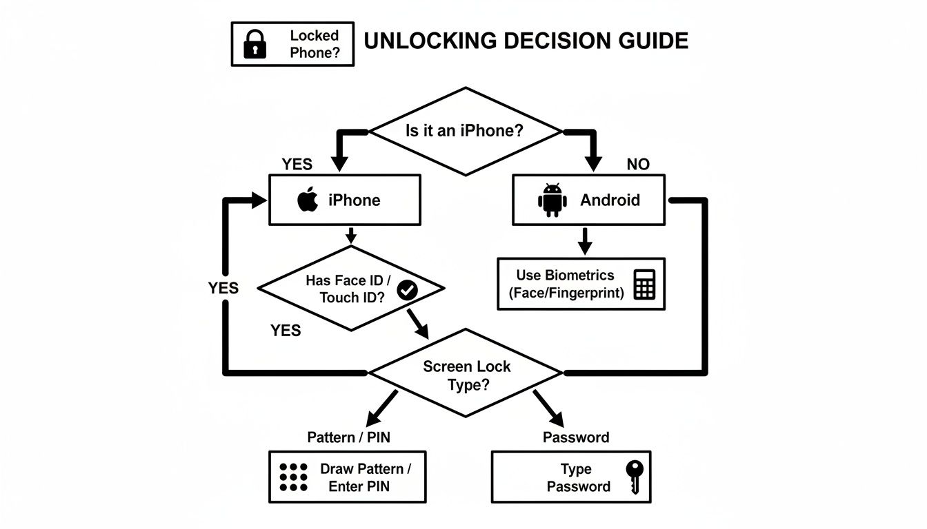 A flowchart decision guide for unlocking a locked phone, detailing steps for iPhones and Android devices.