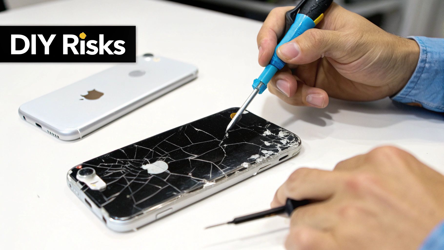 Hands using tools to repair a severely cracked iPhone screen, with "DIY Risks" overlaid on the image.