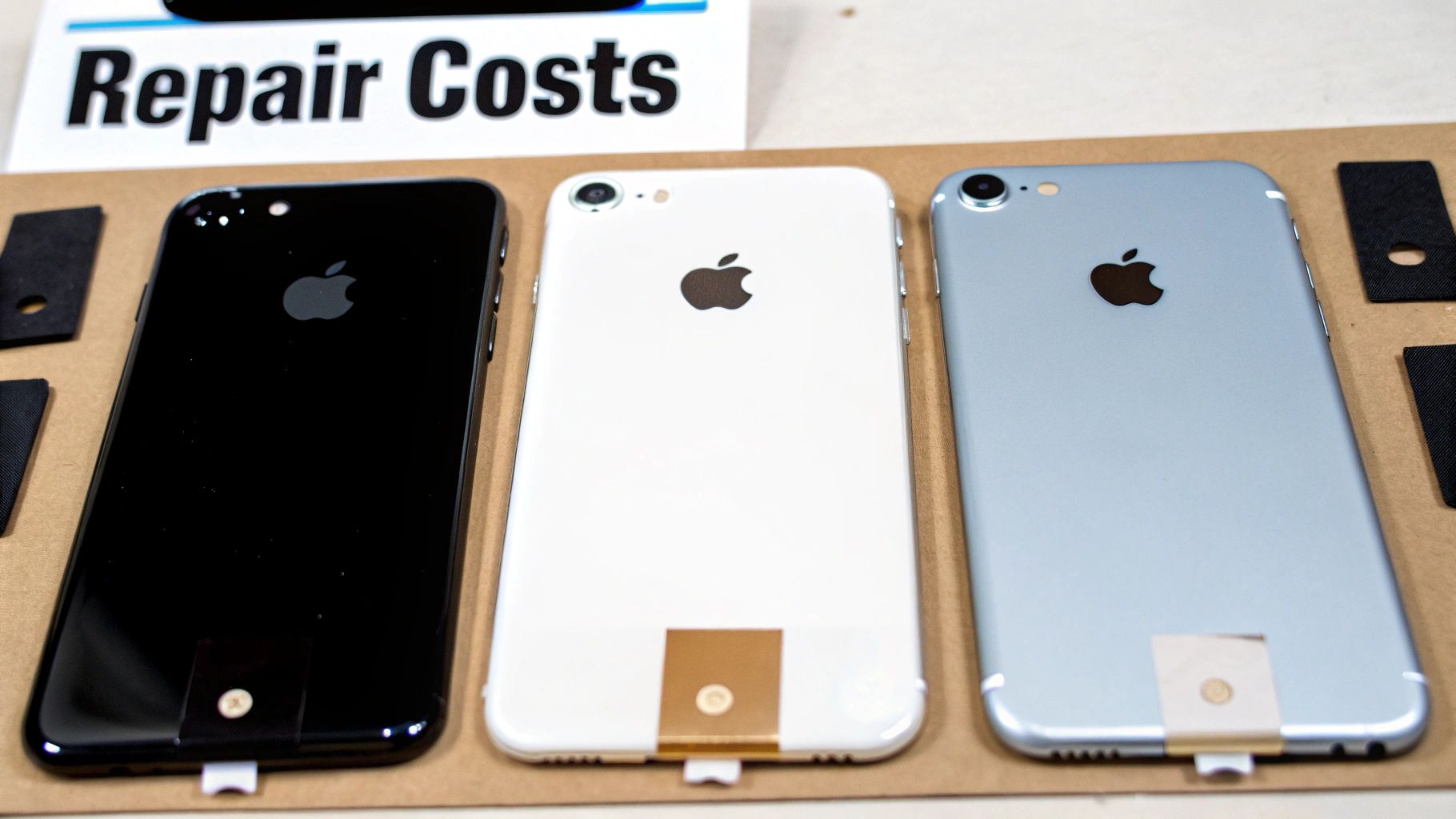 Three iPhones (black, white, silver) laid out for repair, with a 'Repair Costs' sign.