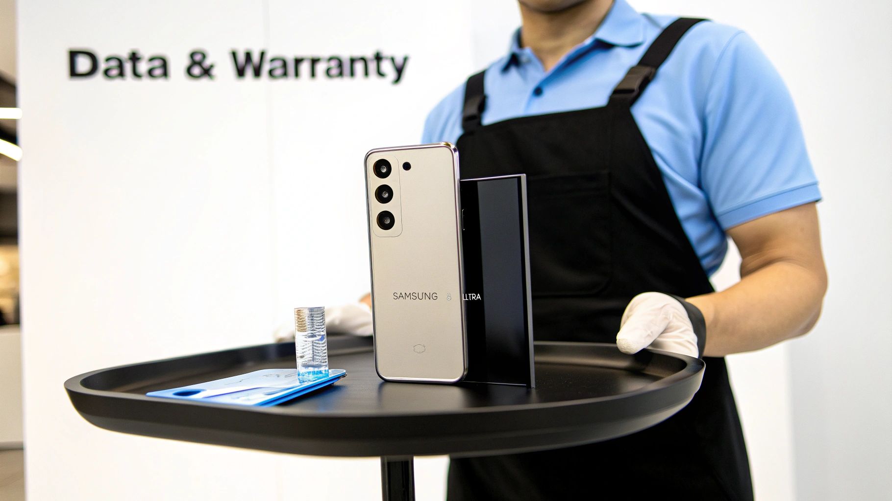 A person in uniform holds a tray with a silver Samsung S22 Ultra phone and accessories in a service center.