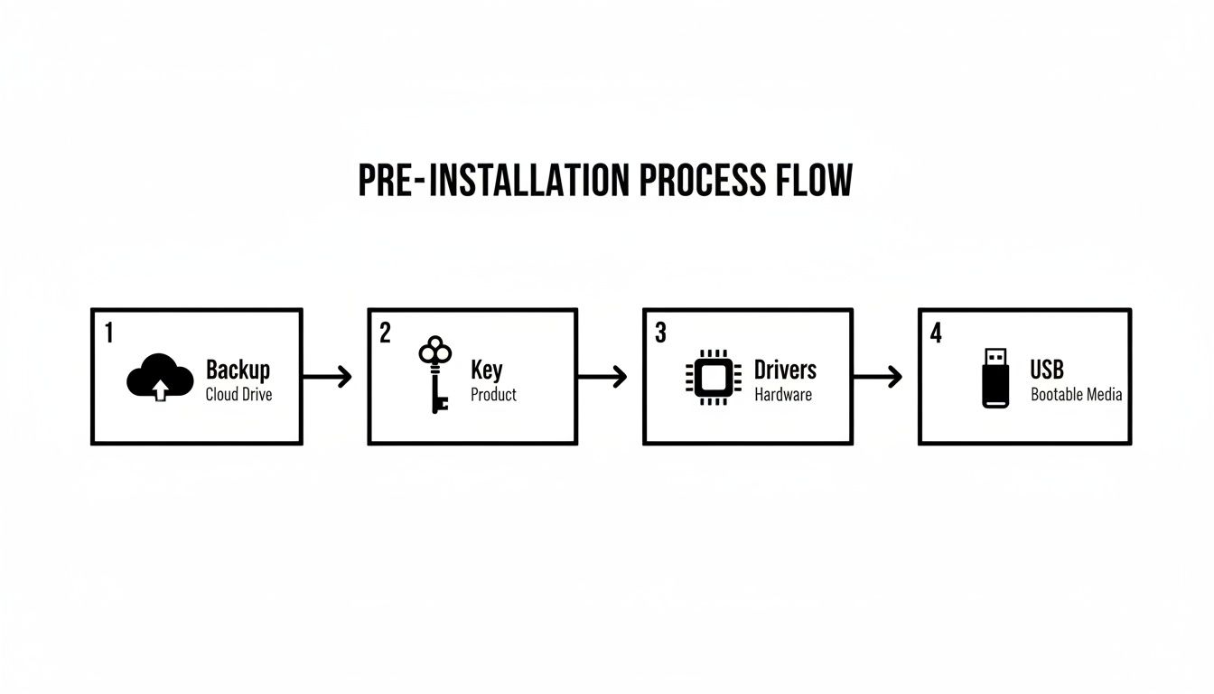 A pre-installation process flow diagram with steps for backup, product key, drivers, and bootable media.