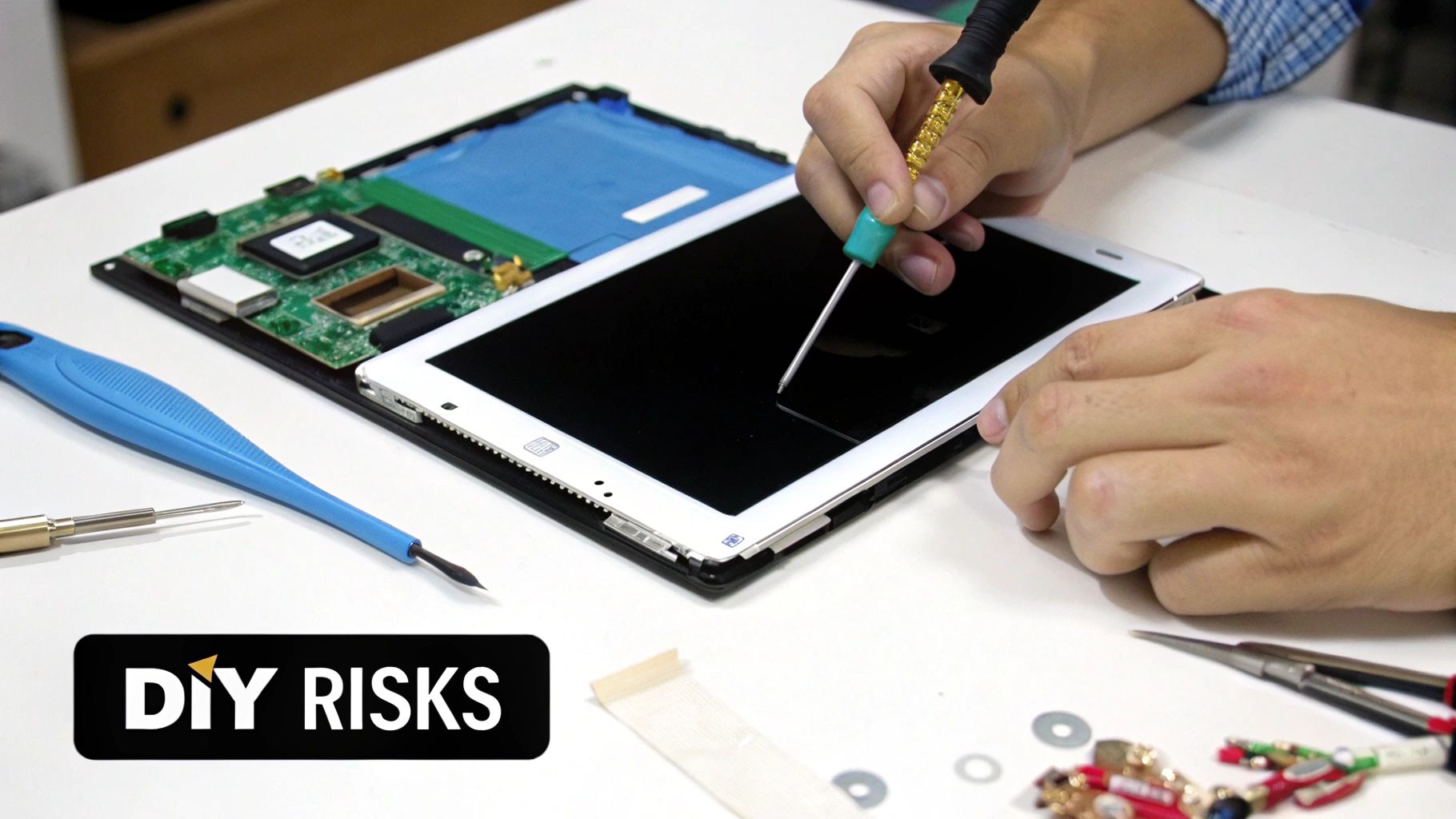 Close-up of hands repairing a disassembled tablet on a white desk with various tools nearby.